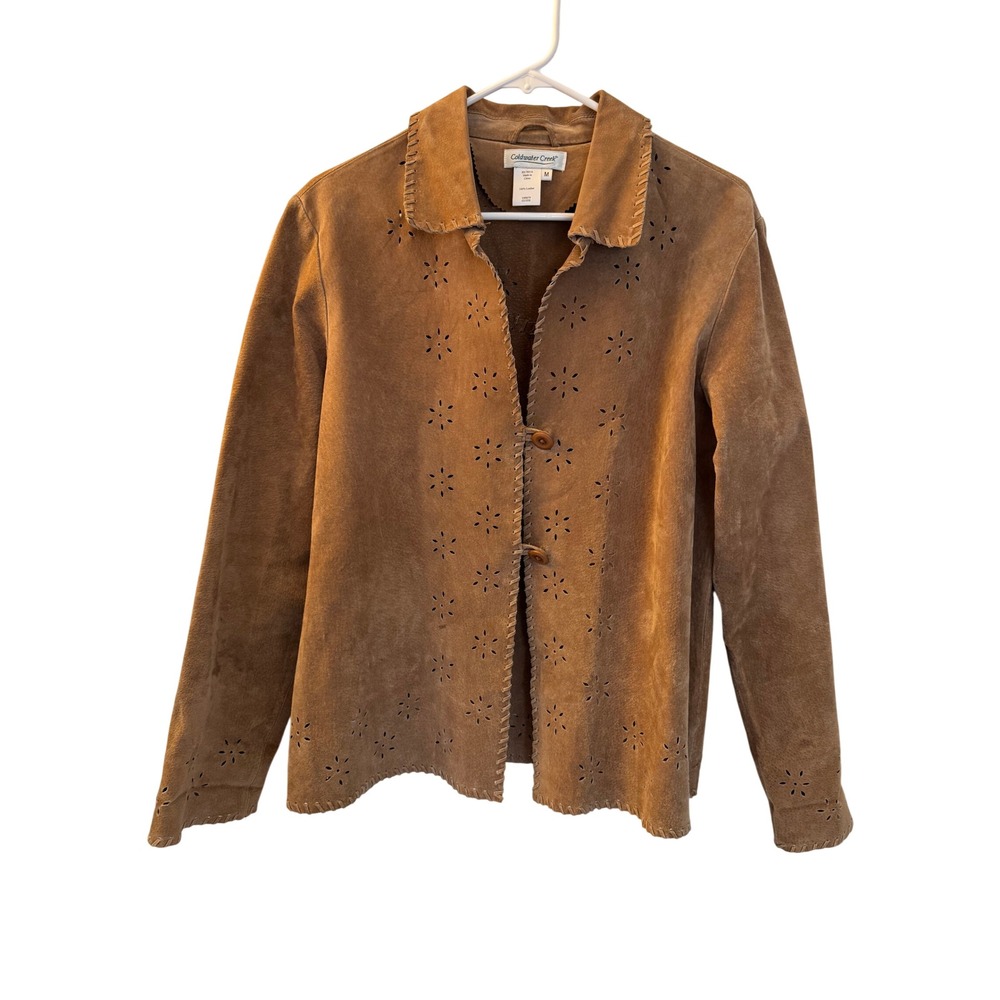 Coldwater Creek Tan Suede Leather Jacket Laser Cut Eyelet Whipstitch Western M